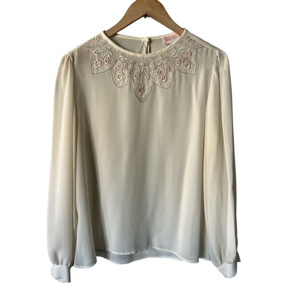 Vintage Joseph II Ivory Embroidered Collar Romantic Long Sleeve Top Size 12 - Picture 1 of 5